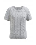 Embroidered Heart Braided Short-Sleeve Sweater in Grey