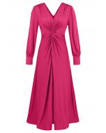 Twist Front V-Neck Cutout Sleeve Maxi Dress in Hot Pink