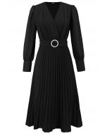 Graceful Pleats Faux-Wrap Belted Midi Dress in Black