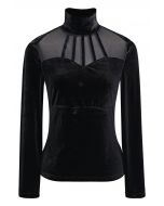 Mock Neck Mesh Spliced Velvet Top