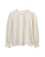 Embroidery Overlay Scalloped Long-Sleeve Top in Cream