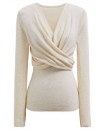 Artful Crisscross V-Neck Long Sleeve Knit Top in Cream