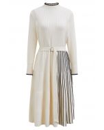 Inventive Contrast Striped Belted Ribbed Knit Dress in Cream