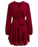 Lovable Tiered Ruffled V-Neck Wrapped Tie-Waist Mini Dress in Red