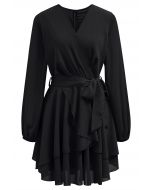 Lovable Tiered Ruffled V-Neck Wrapped Tie-Waist Mini Dress in Black