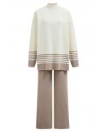 Two-Tone Striped Mock Neck Knit Sweater and Pants Set in Taupe