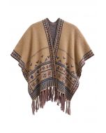 Boho Wanderer Fringed Knit Poncho in Camel