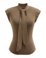 Ribbon-Tied Neckline Cap Sleeve Knit Top in Tan