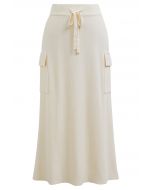 Fake Pocket Stylish Tie-Waist Knit Skirt in Cream