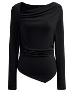 Asymmetrical Neckline Ruched Detail Top in Black