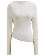 Slanted Hem Ribbed Knit Top in White