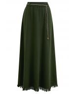 Chain Belt Fringe Hem Knit Maxi Skirt in Army Green