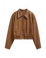 Point Collar Faux Leather Zipper Jacket in Caramel