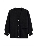 Relaxed Patch-Pocket Button Down Cardigan in Black