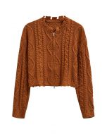 Raw Edge Cable Knit Zipper Crop Cardigan in Pumpkin