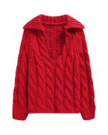 Collared V-Neck Chunky Cable-Knit Sweater in Red