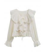 Dancing Ruffle Plisse Buttoned Cropped Top in White