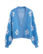 Cuteness Flowers Fuzzy Knit Cardigan in Blue