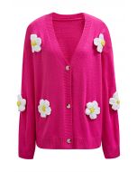 Lovely 3D Flower Buttoned Knit Cardigan in Magenta