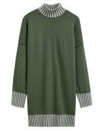 Contrast Stripe Mock Neck Knit Sweater Dress in Green