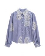 Paisley-Inspired Floral Embroidery Button-Up Shirt in Blue