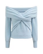 Crisscross Front Off-Shoulder Fuzzy Knit Top in Baby Blue