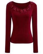 3D Flowers Neckline Long Sleeve Fitted Top in Red