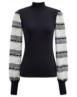 Mock Neck Embroidered Lantern Sleeve Knit Top in Black