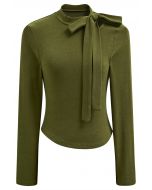 Side Bowknot Neckline Long-Sleeve Top in Olive