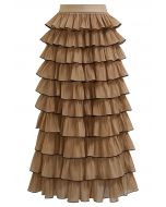 Contrasting Edges Tiered Ruffle Maxi Skirt in Caramel