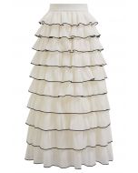 Contrasting Edges Tiered Ruffle Maxi Skirt in Cream