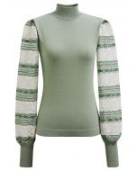 Mock Neck Embroidered Lantern Sleeve Knit Top in Pistachio