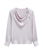 Pearly Butterfly Feather Trim Cowl Neck Top in Light Pink