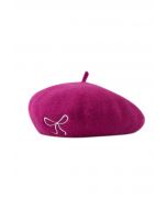 Embroidered Bowknot Wool-Blend Beret in Magenta