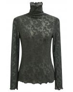 Floral Fantasy High Neck Mesh Long-Sleeve Top in Army Green