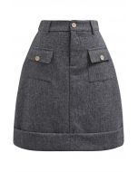 Buttoned Trim Flap Pocket Roll-Hem Tweed Skirt in Grey