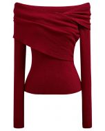 Soft Elegance Off-Shoulder Flap Knit Top in Red