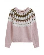 Winter Whimsy Fair Isle Ribbed Knit Sweater in Pink