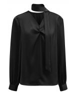 Ribbon V-Neckline Twist Detail Satin Top in Black