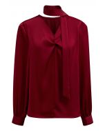 Ribbon V-Neckline Twist Detail Satin Top in Red