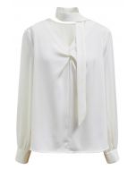 Ribbon V-Neckline Twist Detail Satin Top in Cream