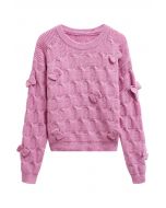 Playful Bow Geometric Textured Knit Sweater in Pink