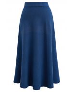 Solid Color A-Line Knit Midi Skirt in Indigo