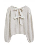 Bowknot Back Puff Sleeve Knit Sweater in Oatmeal