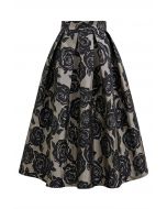 Embossed Rose Jacquard A-Line Pleated Midi Skirt in Black