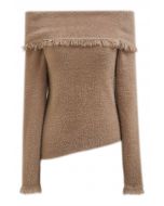 Tassel Folded Off-Shoulder Fuzzy Knit Top in Tan