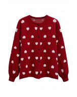 Fuzzy Heart Jacquard Knit Button Cardigan in Red