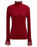 Lace Trim Mock Neck Ribbed Knit Top in Red