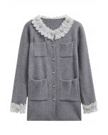 3D Petal Neckline Patch Pocket Knit Cardigan in Grey