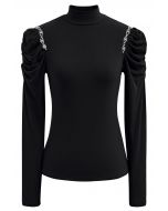 Rhinestone Decor Ruched Shoulder Mock Neck Top in Black